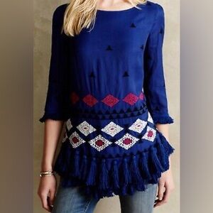 Anthropologie Floreat Embroidered Tassle Tunic Shirt US 2 Boho